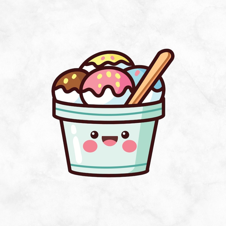 May include: A cartoon ice cream cup with a smiling face. The cup is filled with three scoops of ice cream: chocolate, pink with sprinkles, and blue with white swirls. A wooden spoon is sticking out of the cup.