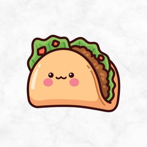May include: A cartoon illustration of a taco with a cute face. The taco is filled with meat and lettuce and has a green and red garnish.