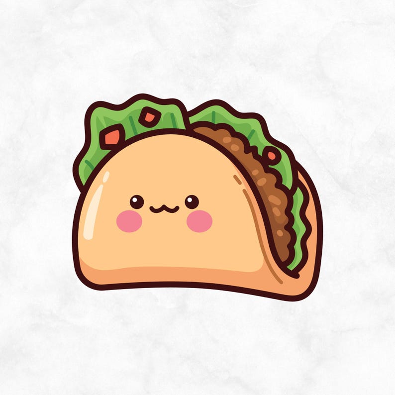 May include: A cartoon illustration of a taco with a cute face. The taco is filled with meat and lettuce and has a green and red garnish.