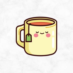 May include: A yellow mug with a smiling face and closed eyes. The mug is filled with red liquid and has a green tea bag hanging from the rim.