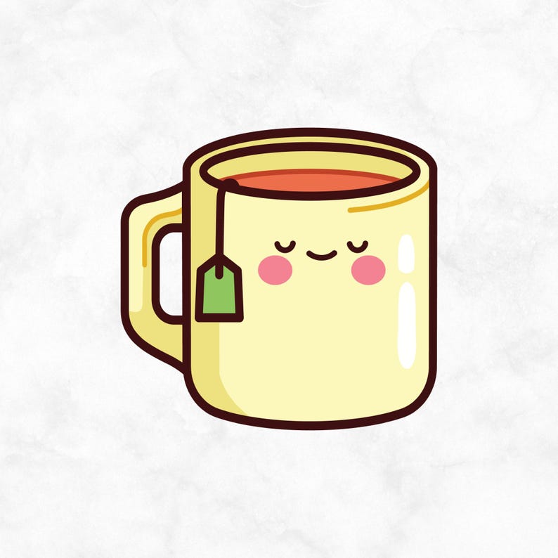 May include: A yellow mug with a smiling face and closed eyes. The mug is filled with red liquid and has a green tea bag hanging from the rim.