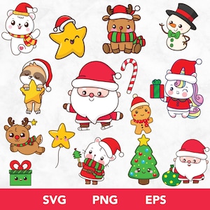 Kawaii carino Natale PNG Bundle, Clipart di Natale, Grafiche di Natale carine, Kawaii Natale SVG, Adesivi stampabili adorabili