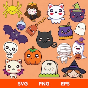 Bundle Halloween Kawaii PNG, Clipart Halloween mignon, graphismes SVG chat fantôme citrouille kawaii, adorables autocollants imprimables, usage Commercial