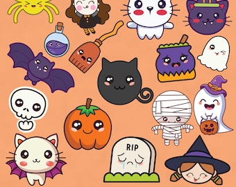 Halloween Kawaii PNG Bundle, Cute Halloween Clipart, Kawaii Pumpkin Ghost Cat SVG Graphics, Adorable Printable Stickers, Commercial Use