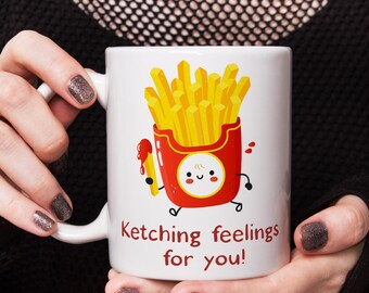 Taza de café divertida, linda taza de ketchup y papas fritas, regalo de comida kawaii, taza de té peculiar, lindo regalo para amantes del café con juego de palabras