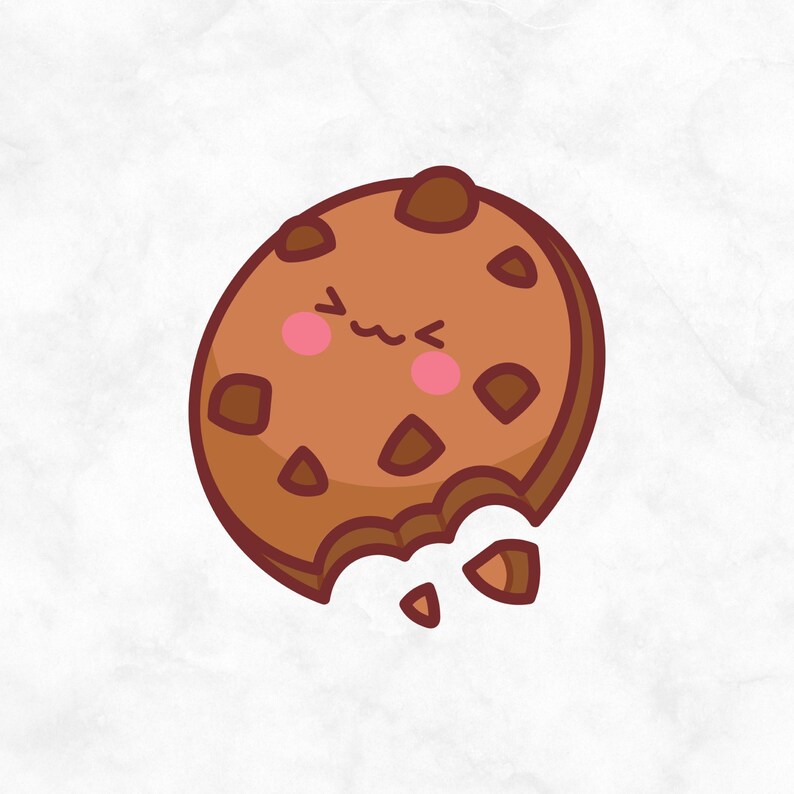 May include: A cartoon chocolate chip cookie with a bite taken out of it. The cookie has a cute face with closed eyes and a small smile.