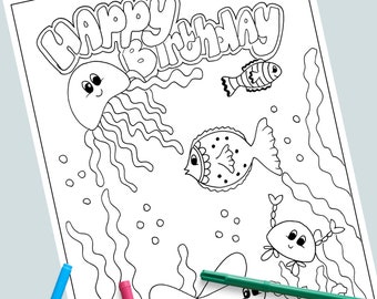 coloring page for children, birthday, happy birthday, underwater world, fish