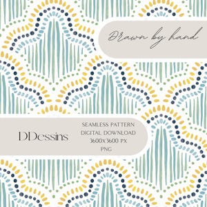 Op de afbeelding: Naadloos patroon met een herhalend ontwerp van blauwe, gele en marineblauwe aquarel vormen. De tekst "Drawn by hand" staat in een cursief lettertype. De afbeelding bevat ook de tekst "Seamless Pattern Digital Download 3600x3600 px PNG".
