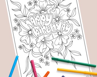 coloring page for children, birthday, happy birthday, flowers