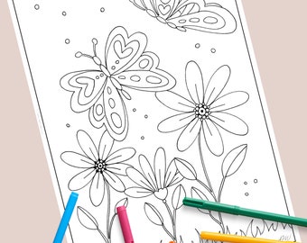 coloring page for children, flowers, butterflies, birthday, happy birthday,