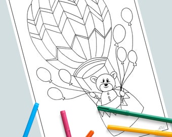 coloring page for children, birthday, happy birthday, hot air balloon, balloon