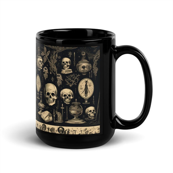 Black Glossy Skeleton Coffee Mug | 15 oz Large Coffee Spooky Mug | Black Goth Skull Halloween Gift | Vintage Themed Halloween Aesthetic Mug