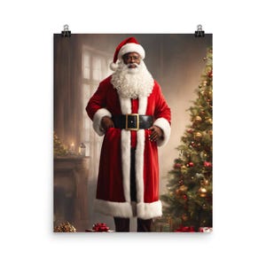 Babbo Natale nero in piedi con albero di Natale senza cornice / Poster natalizio vintage da parete / Decorazione da parete con Babbo Natale nero per le feste