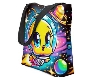 Adorable y peculiar bolso de mano con el personaje de bebé Piolín, explorador espacial. Inspirado en Piolín. Bolso de mano con el personaje de bebé Piolín en el espacio.