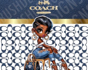 May include: A digital illustration featuring a cartoon woman in ripped jeans and high heels, seated on a small stool. She is holding a Coach handbag with a diamond design. The background has a Coach logo pattern and a navy blue textured top.