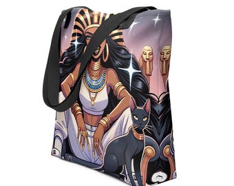 Egyptian Queen Tote Bag Gift | Afrocentric Goddess Art Tote | Black Cat Print Bag, Mythical Fashion Gift for Her