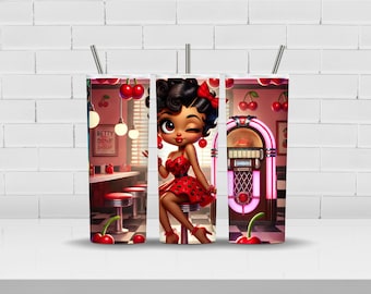 Cherry Jukebox Joint Black Betty Boop Tumbler | 20oz Tumbler Gift for Her | Vintage Themed Betty Boop Aesthetic Gift Available with 3D Top