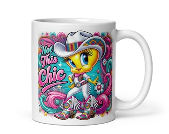 Colorful Cowgirl Tweety Bird Inspired Character White glossy mug | Sassy Tweety Inspired Character Mug Great Gift for Tweety Bird Lovers