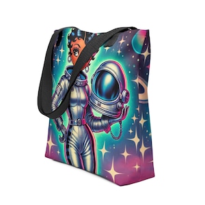 Space Age Black Boop Like Character Colorful Tote | Unique Trending Black Boop Gift Bag | Durable African American Astronaut Tote Bag