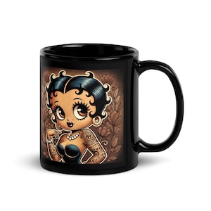 Vintage earth tone Betty Boop Image on a Black Glossy Mug | 11 oz or 15 oz cute gift for coffee  or tea lovers HANDWASH ONLY