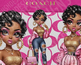 May include: Digital illustration featuring three stylized figures of women with dark skin, wearing gold tops, pink jackets, and ripped jeans. The background includes a pink pattern and the Coach New York logo.