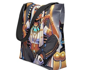 Egyptian Queen Tote Bag | Afrocentric Goddess Art Tote | Black Cat Illustration Bag