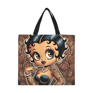 Vintage Earth Tone Black Betty Boop Like Character Tote Bag | Black Betty Boop Bag | Black Betty Boop Gift | All Over Print Canvas Tote Bag