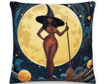 Poduszka z motywem czarownicy na Halloween | Dekoracja w stylu retro na Halloween (18x18 cali)