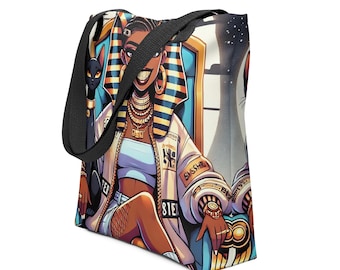 Egyptian Queen Tote Bag with Black Cat | Afrocentric Goddess Art Bag | All-Over Print Tote, Mythical Fashion Gift