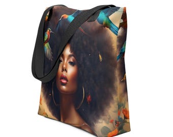 Afrocentric Woman Tote Bag | Black Girl Magic Art Tote | Natural Hair Goddess Illustration Bag, All Over Print Tote