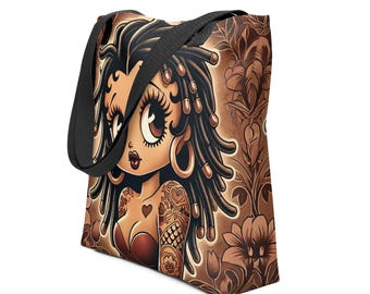 Cute African American Black Boop Like Character with full Lock Tote bag | Black Boop Gift for Her | Unique Gift for Her