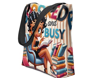 Booked and Busy Black Betty Boop Tote bag Gift for Book Lover |  Durable Tote for Bookworm or Librarian | Black and Brown Girl Reader Gift
