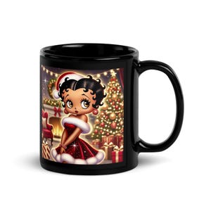 Mrs Claus Betty Boop Black Glossy Mug | Unique Black Betty Boop Design on Mug | Unique Christmas Gift for coffee lovers HANDWASH ONLY
