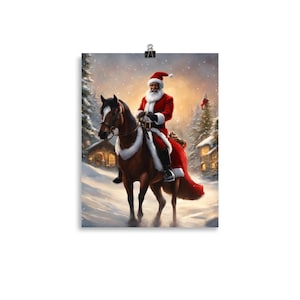 Opera d'arte senza cornice raffigurante Babbo Natale nero a cavallo / Poster da parete natalizio vintage / Decorazione da parete raffigurante Babbo Natale nero per le feste
