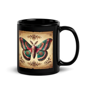 Beautiful Vintage Moth Design on a Black Glossy Mug | Gift for Moth Lover| Unique Moth Design Coffee or Tea Mug Gift HANDWASH ONLY
