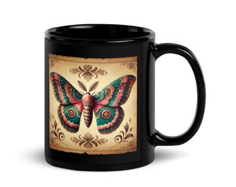 Vintage Moth Design Black Coffee Mug | Tea Lover Gift (Handwash Only)