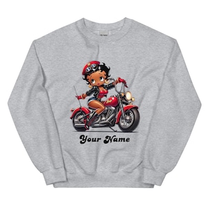 Black Betty Boop on Motorcycle Personalized Sweatshirt | Betty Boop Gifts | Black Betty Boop Aesthetic Sweatshirt | Trending Black Boop Gift
