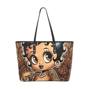 Vintage Earth Tone Black Betty Boop Like Character PU Leather Tote Bag | Great Black Betty Boop Gift for Her | Black Betty Boop Trending Bag