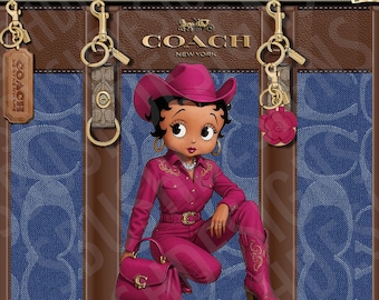 Cowgirl Black Betty Boop Fuchsia and Denim Purse Tumbler Wrap PNG High Resolution File -  Luxe Themed  Designer Bag Tumbler File