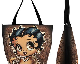 Vintage Earth Tone Black Betty Boop Like Character Tote Bag | Black Betty Boop Bag | Black Betty Boop Gift | Black Betty Boop Trending Bag