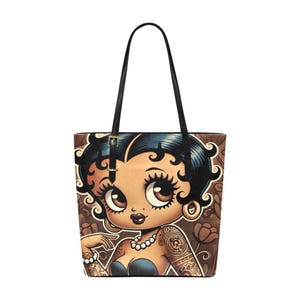 Vintage Earth Tone Black Betty Boop Character PU Leather Tote Bag | Black Betty Boop Bag Great Gift for Her | Black Betty Boop Trending Bag