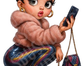 Op de afbeelding: Cartoon illustratie van een personage met donker haar, gekleed in een roze bontjas, gouden hakken en een blauwe en gouden broek. Ze houdt een zwarte telefoon en een handtas met een gouden ketting vast.
