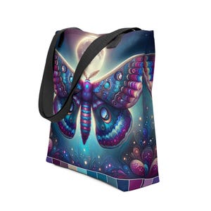 Mesmerizing Moth in Moonlight Tote bag | Fairycore Mystical Tote Featuring Colorful Moth in Moonlight | Colorful Butterfly Moth Design Tote
