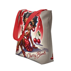 Black Betty Boop Inspired Cherry Bomb Pin-Up Tote Bag | Retro Black Betty Boop Style with Cherries Heels & Attitude | Afrocentric Girl Bag
