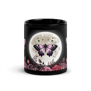 Black Glossy Mug for Moth Lover | Full Moon Moth Design | Pink Moth and Floral Coffee Cup, Cocoa or Tea Cup | 11oz or 15oz Mug HANDWASH ONLY