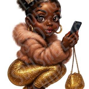Royal Melanin Queen Boop PNG – Glam Crowned Queen Digital Art with Gold Outfit and Phone – Afrocentric Diva Clipart Black Boop Baddie Art