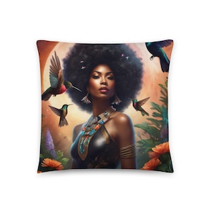 Black Queen Hummingbird Basic Pillow | Beautiful Aesthetic Pillow featuring Melanin Queen with Afro with Space and Hummingbird Illustration