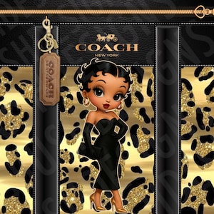 May include: A digital design featuring a cartoon woman in a black dress and gold heels, set against a gold and black leopard print background. The Coach New York logo is visible, along with a brown leather tag.