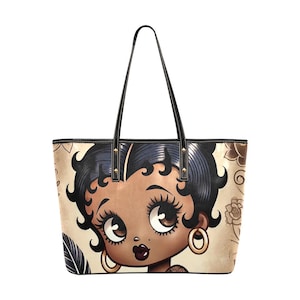 Vintage Earth Tone Melanin Beauty Betty Boop Character Lg Leather Tote | Black Betty Boop Bag Popular Gift | Black Betty Boop Trending Bag