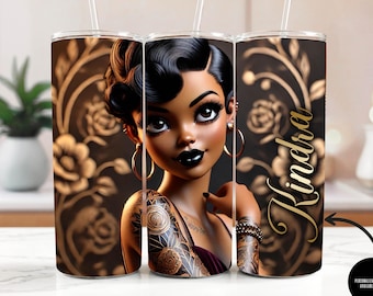 Personalized Unique Bronze Floral Betty Boop Tumbler | Vintage Betty Boop Design for 20oz Skinny Tumbler with Lid & Straw Gift for Her